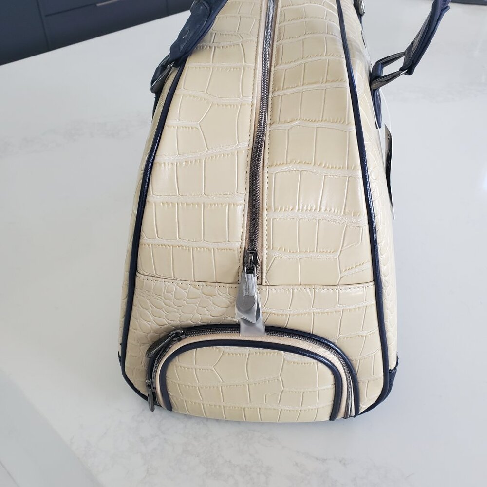 Cutler Cream & Navy Croc Embossed Travel  Bowling Bag Duffle Style Satchel Bag - Picture 6 of 15